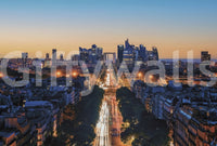 Metropolis Dusk wallpaper mural shown as a full-wall view of the La Defense skyline glowing at dusk over Paris