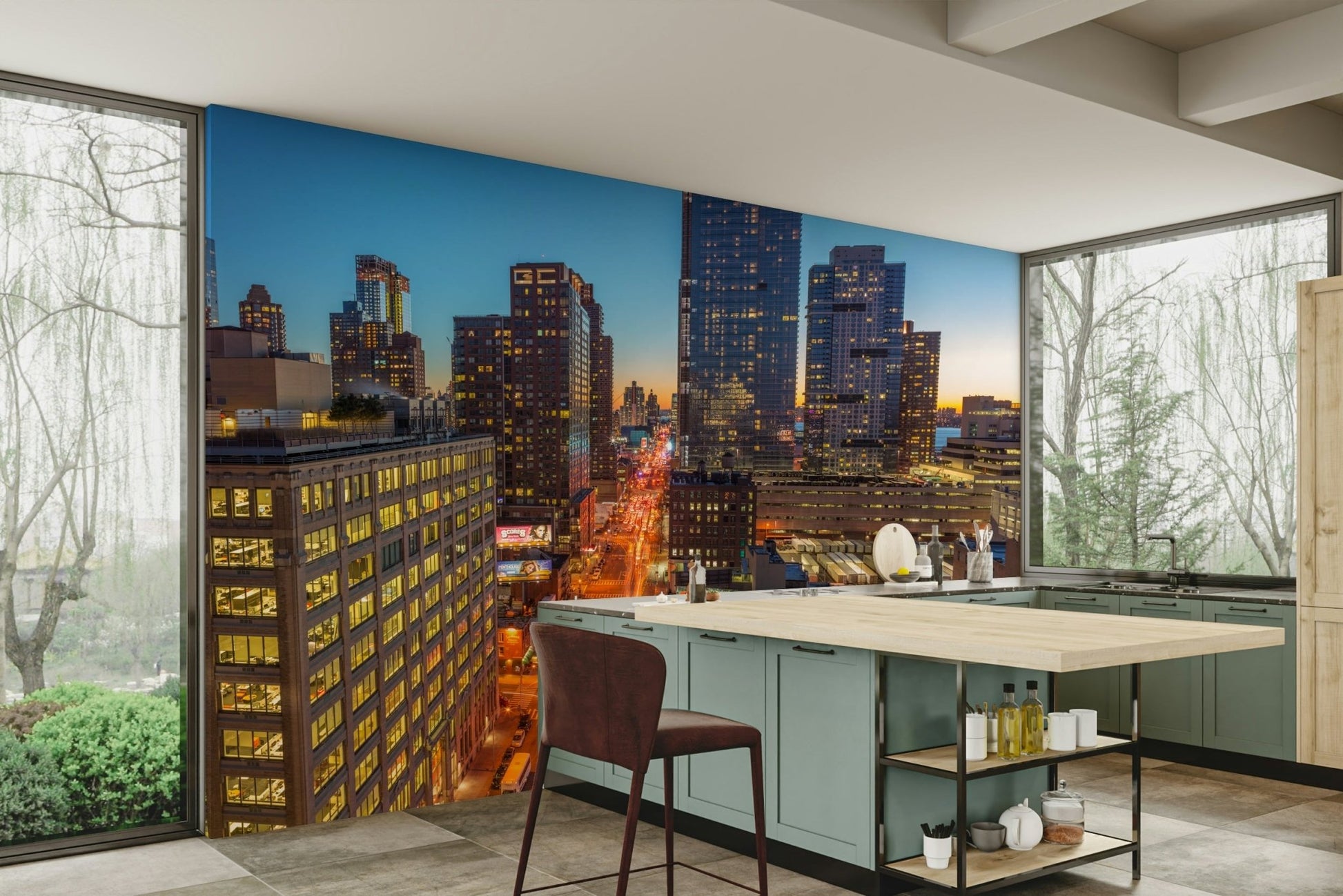 A large-scale cityscape photography print.

