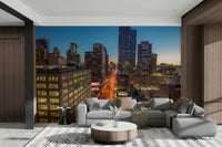A high-resolution photo-realistic wall mural of a city skyline at twilight.

