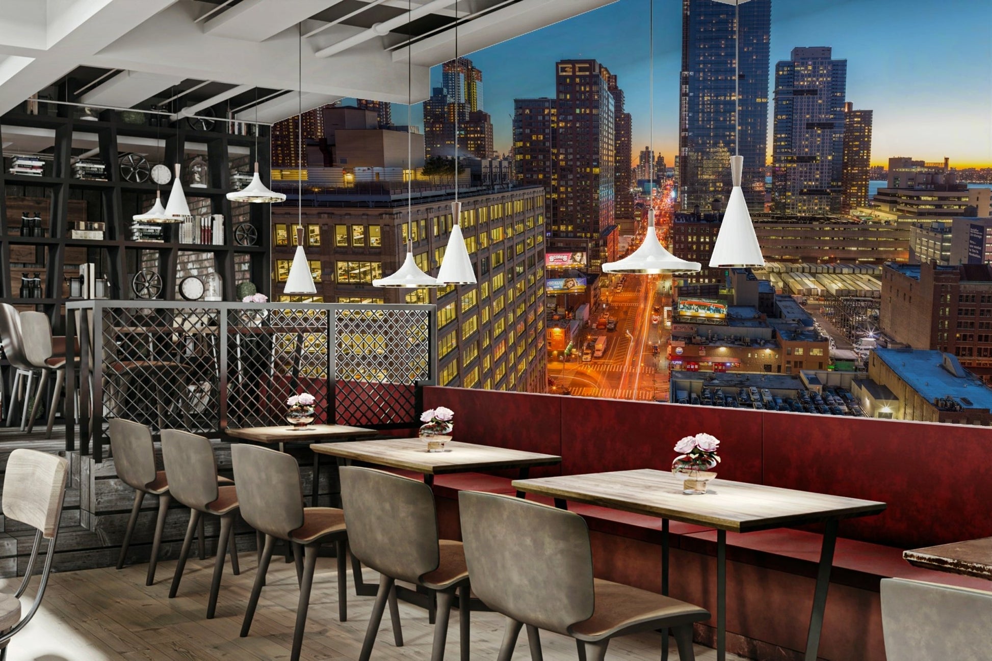 The room feels sophisticated and expansive due to the grand cityscape.

