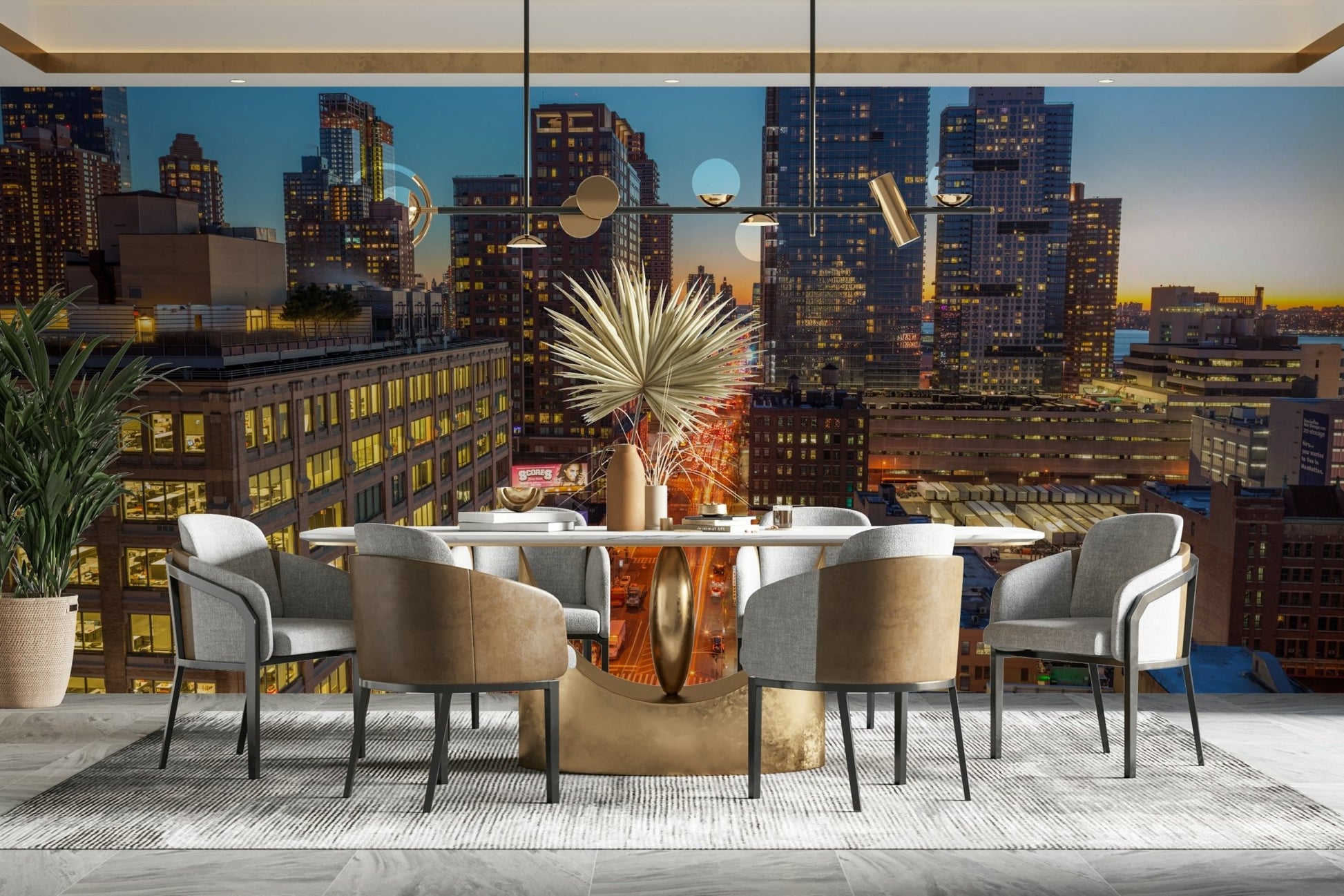 The image shows a sweeping panoramic view of a modern metropolis as the sun sets.

