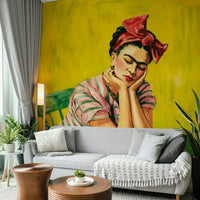 Mexican Muse wall mural with floral crown and color

