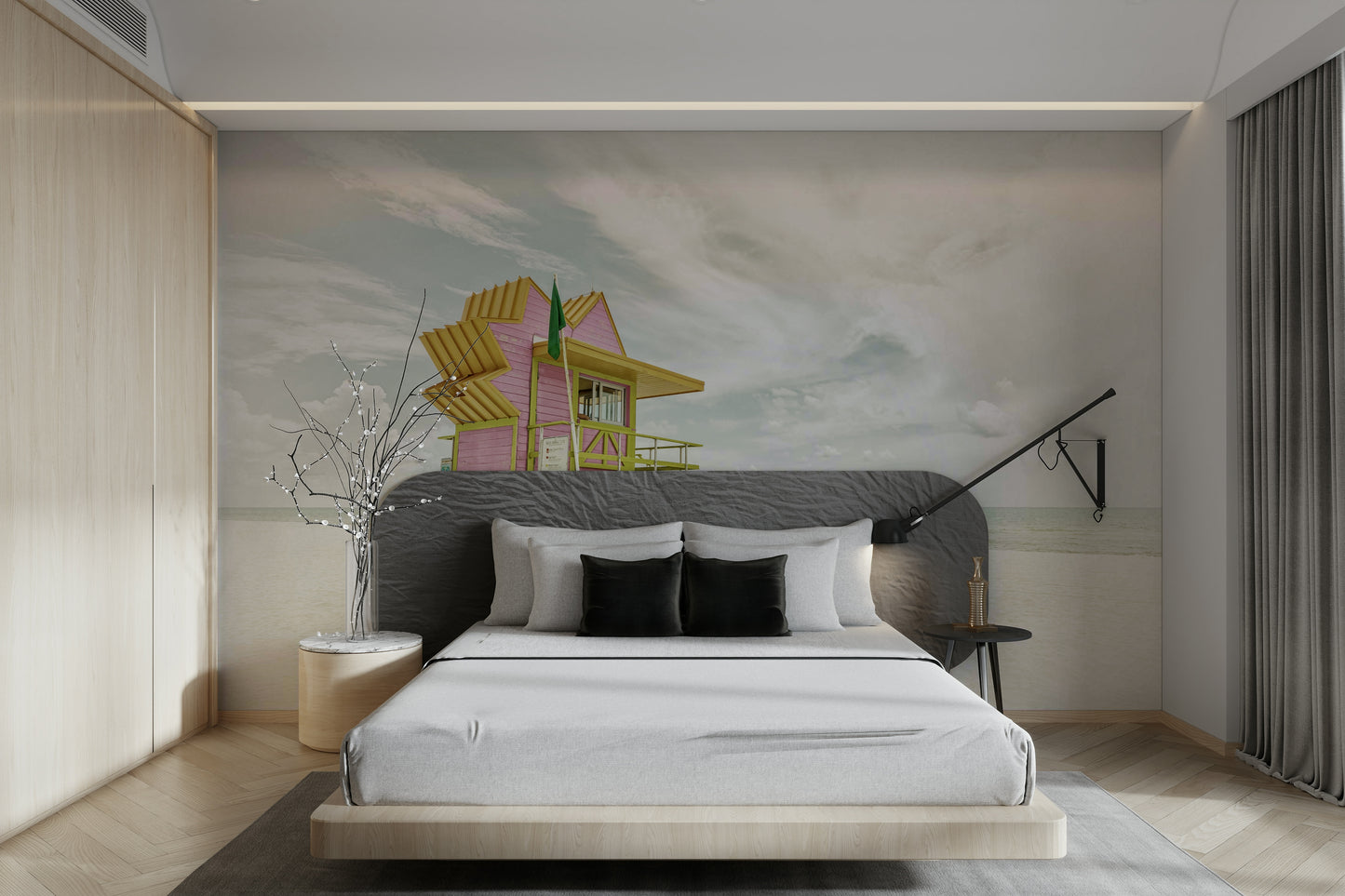 Coastal-themed MIAMI BEACH mural for stylish, retro interiors.

