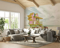 Vintage Miami Beach wall mural bringing tropical flair.

