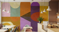 Modern mustard yellow panels fill Mid-Century Abstract wall mural.