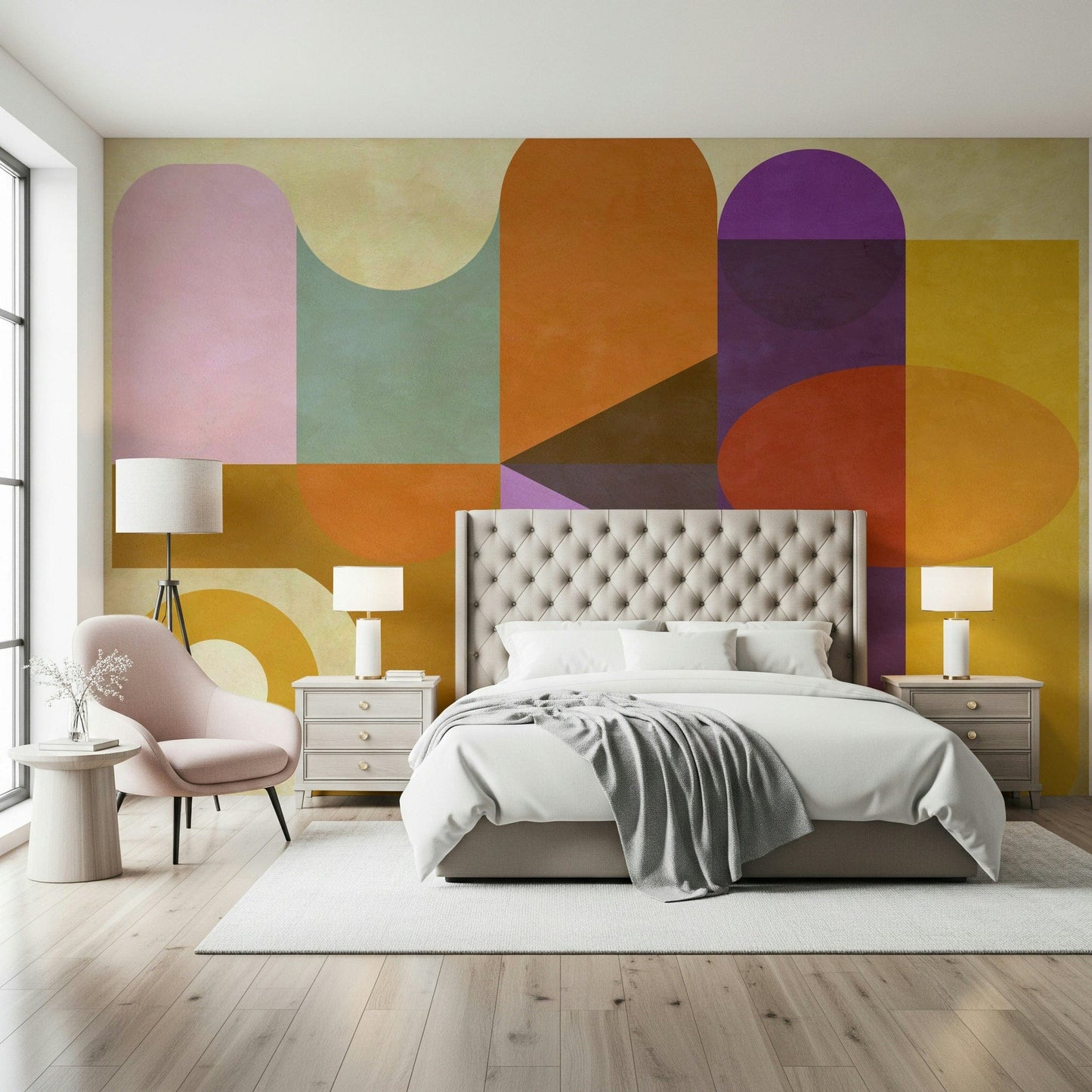 Mid-Century Abstract wallpaper for walls showcases layered velvet textures.