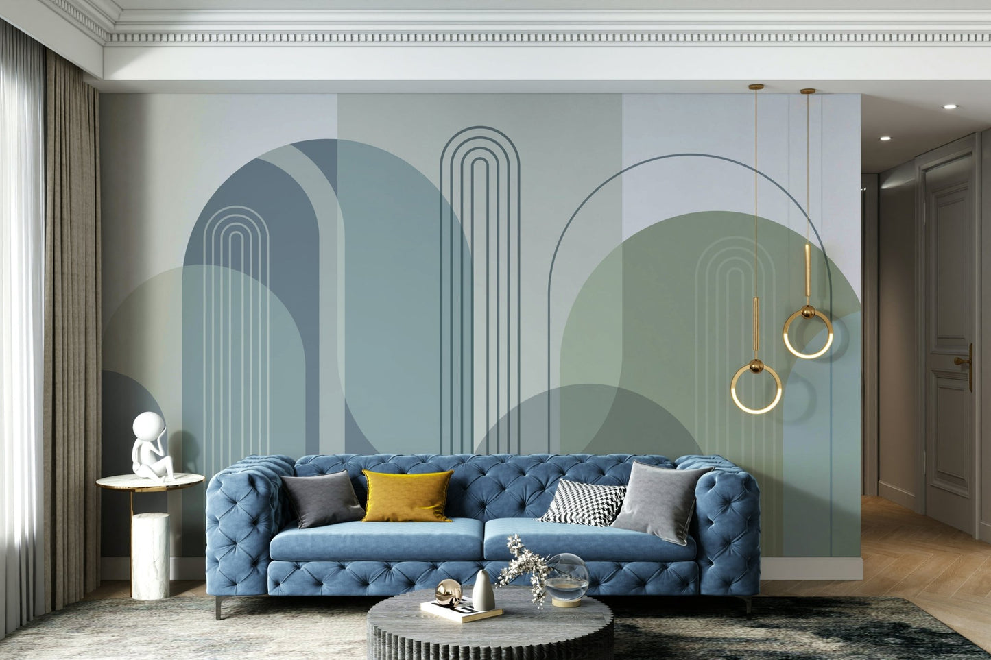 A wall mural of a geometric arches pattern.

