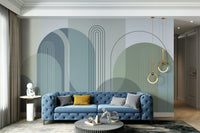 A wall mural of a geometric arches pattern.

