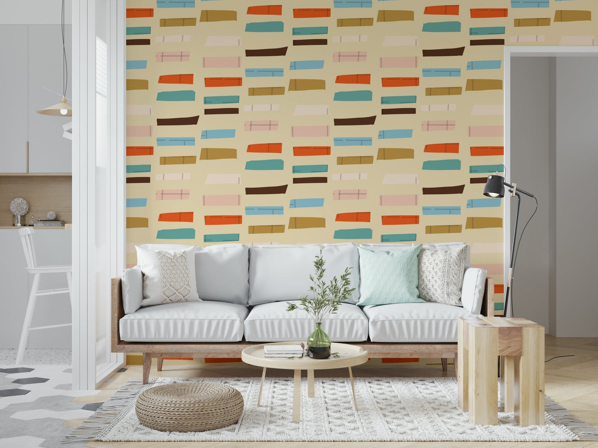 Mid Geometric illustration, mid-century inspired, varied pieces on beige surface mural.
