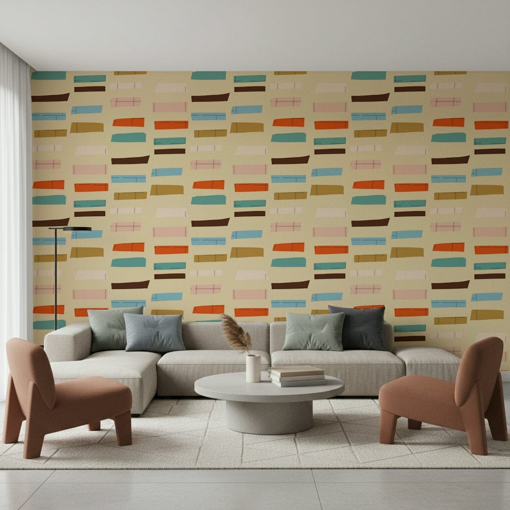 Retro mid mod pattern with bright accents—orange, teal, brown blocks—wall covering.