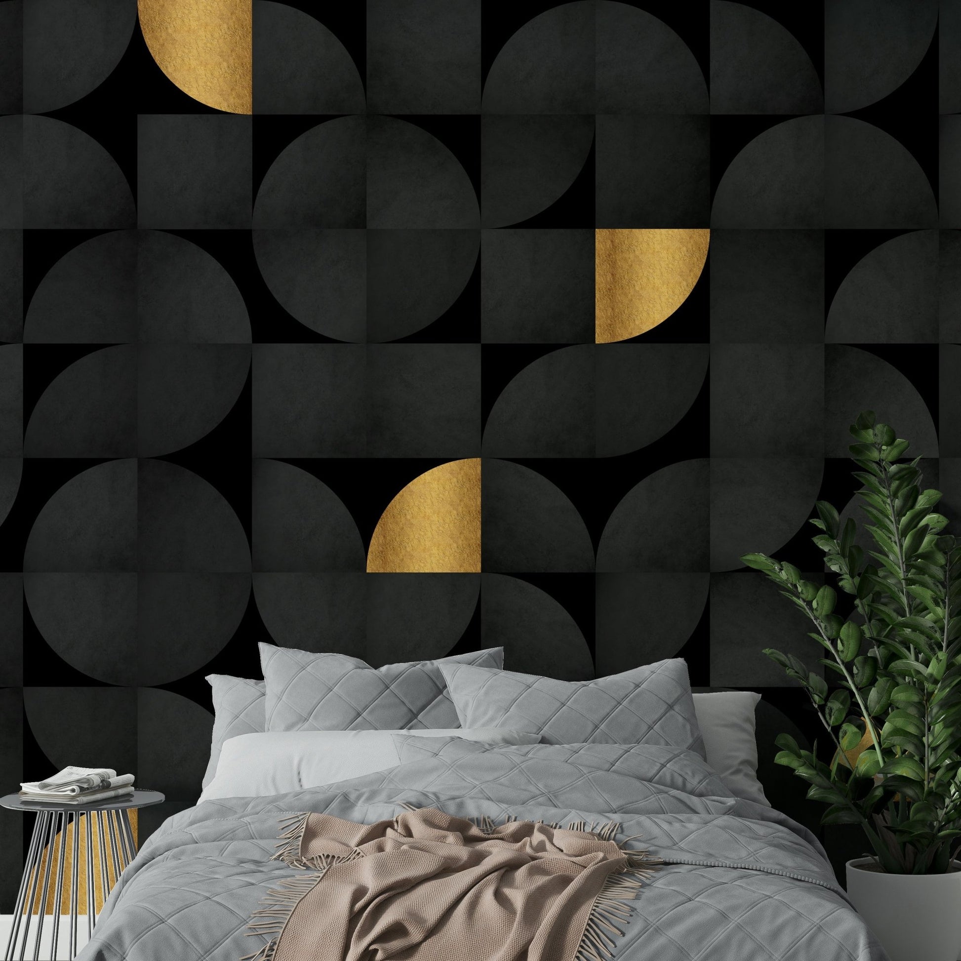 Geometric black and gold wall mural for contemporary spaces

