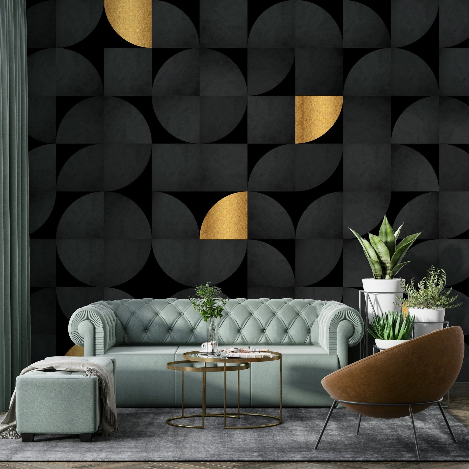 Bold black and gold geometric mural wallpaper for rooms

