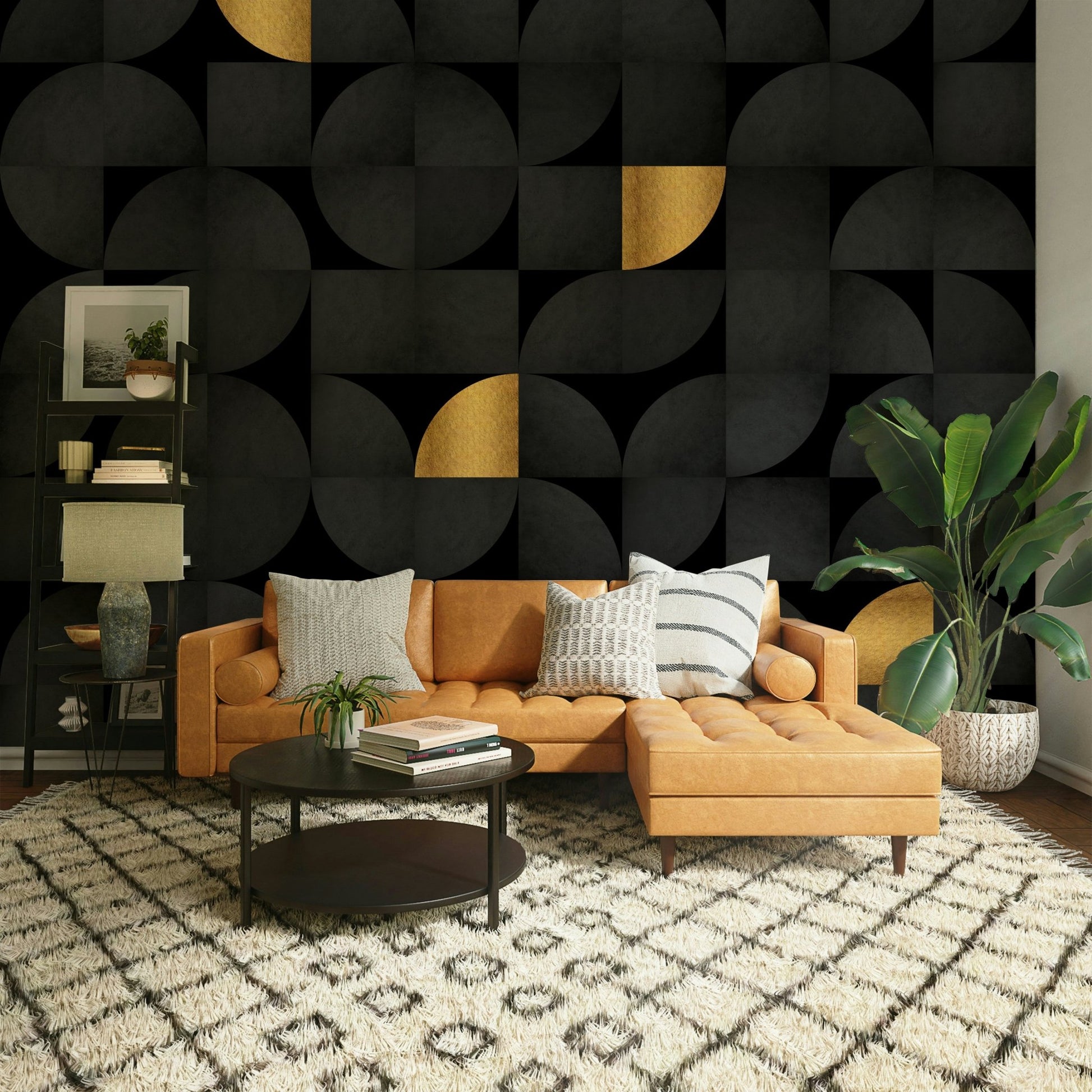 Black and gold geometric pattern mural wallpaper

