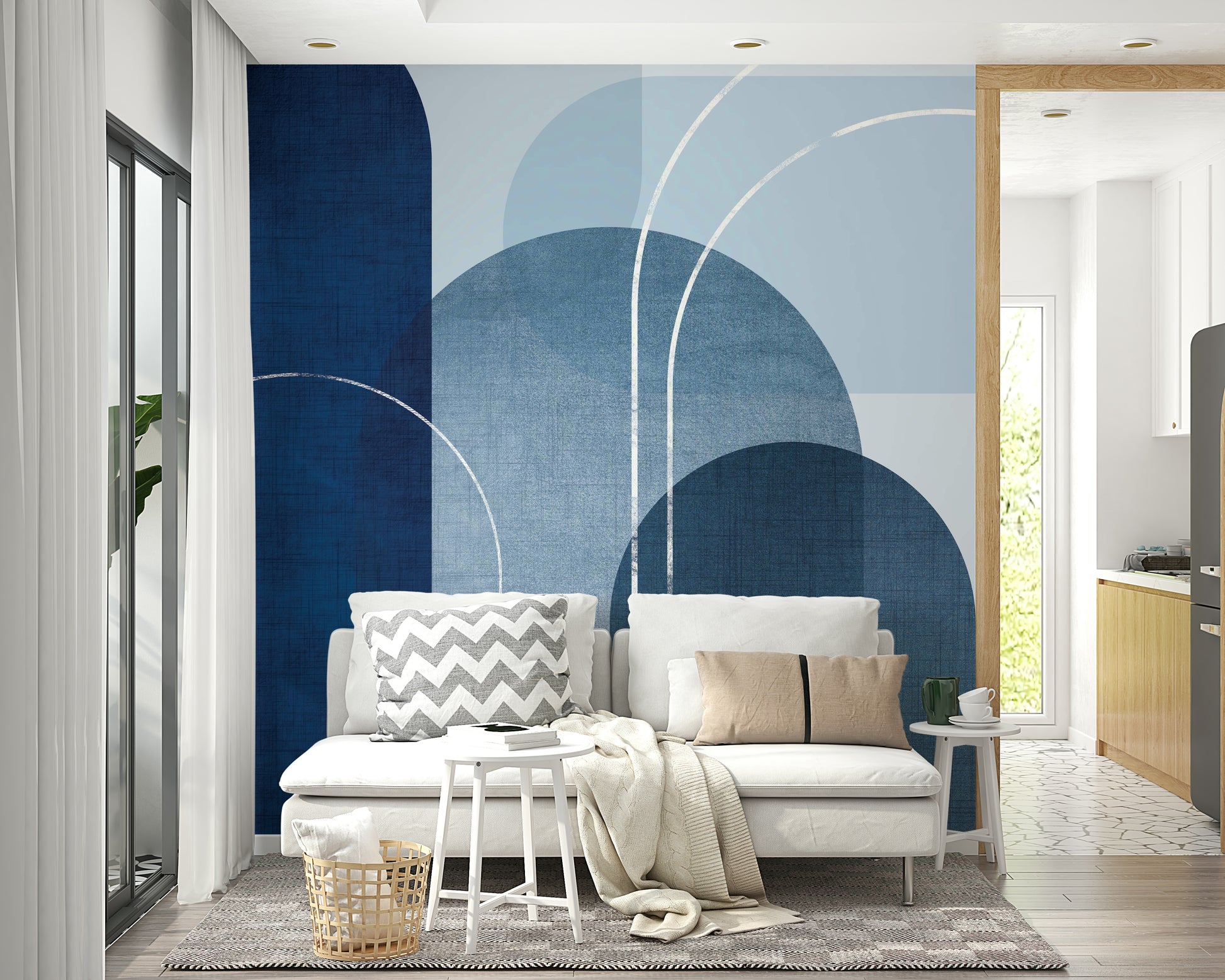 Mid-century inspired blue linen mural for bedrooms

