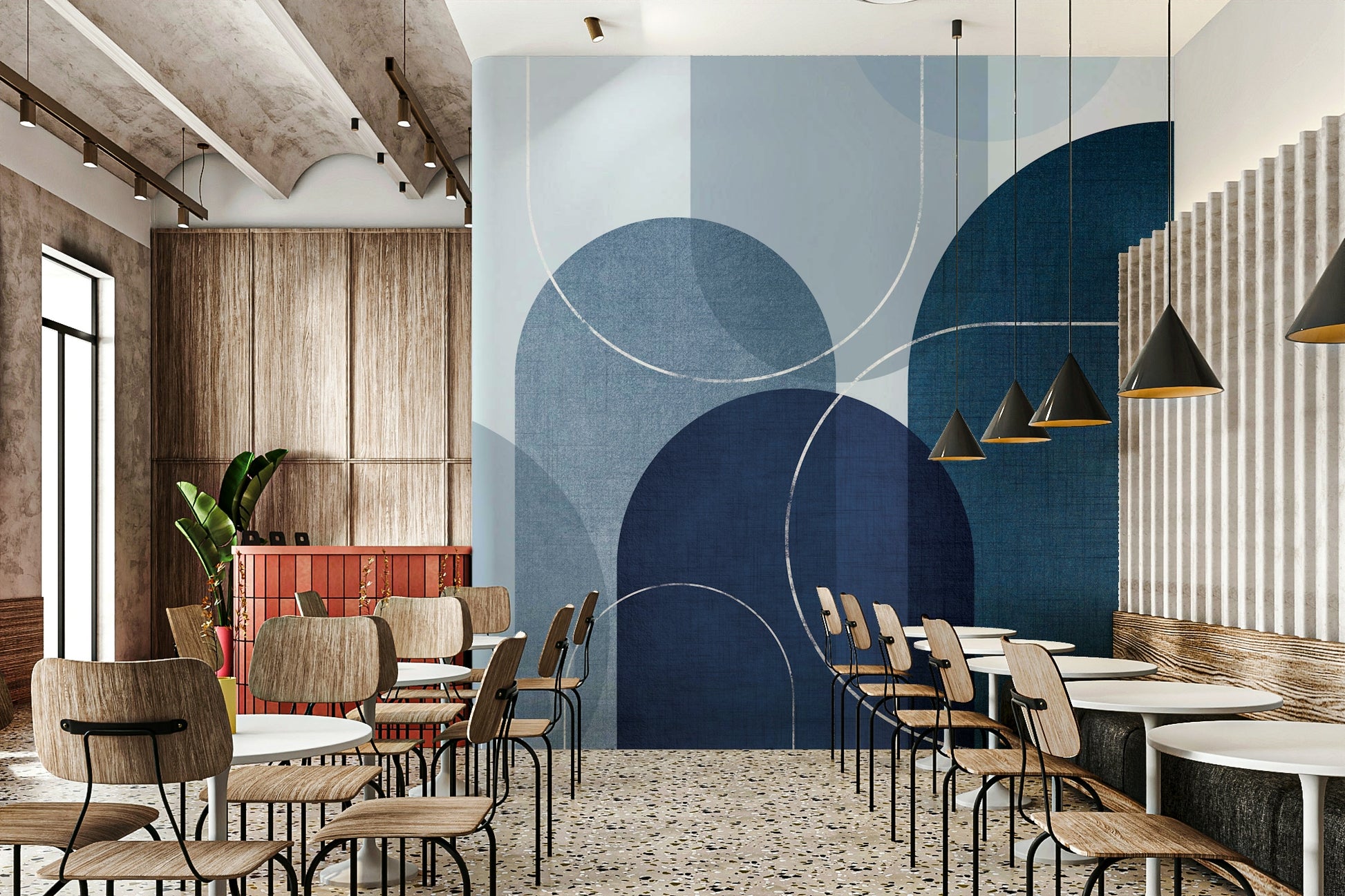 Sophisticated blue linen mural for modern bedroom walls

