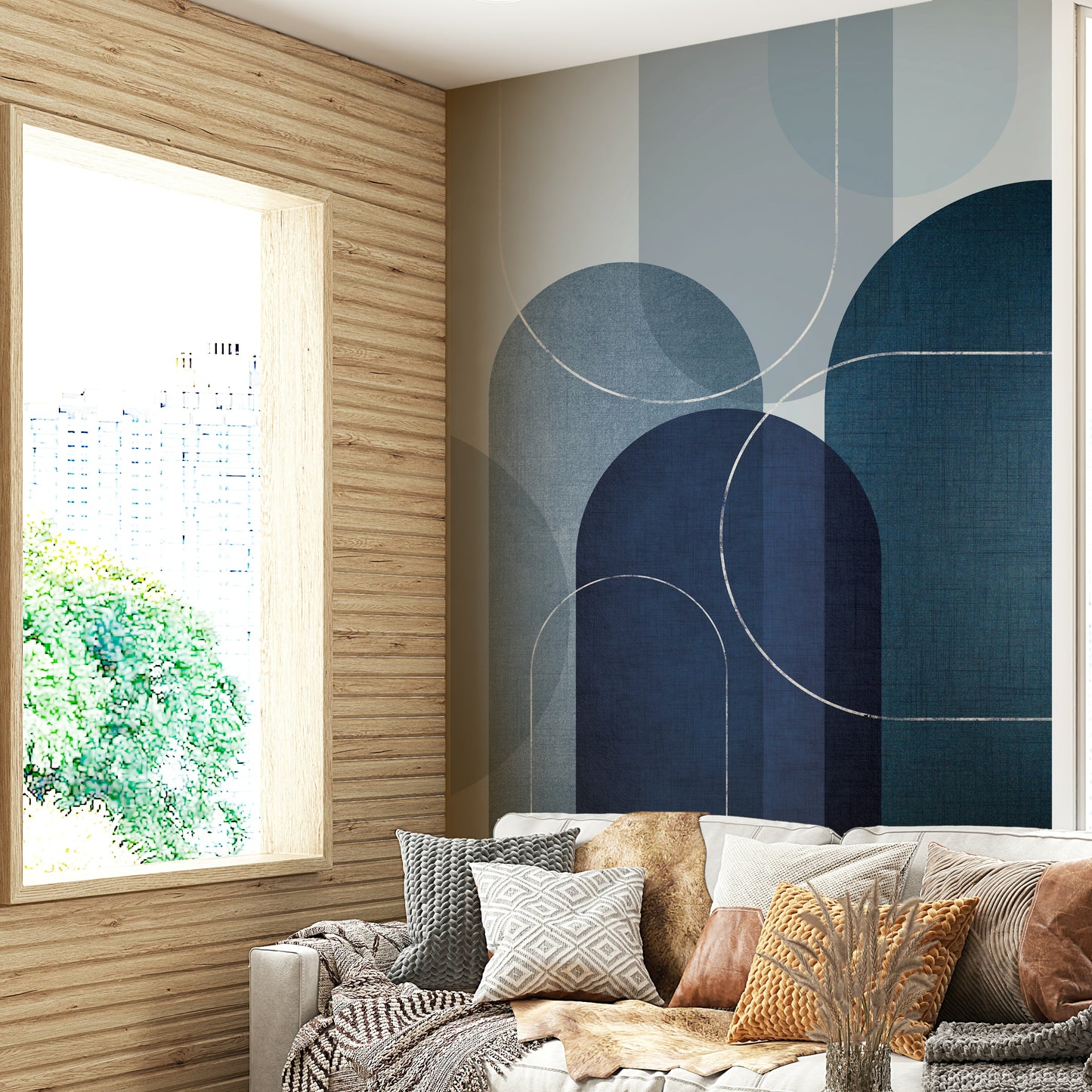 Peel-and-stick Mid Century Blue Linen mural for easy application

