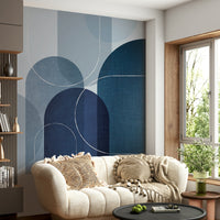 Soft blue linen texture wallpaper with mid-century design


