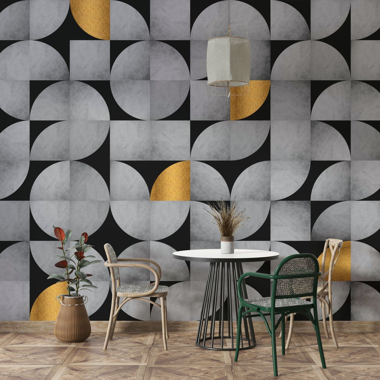 Bold geometric mural with concrete and gold accents

