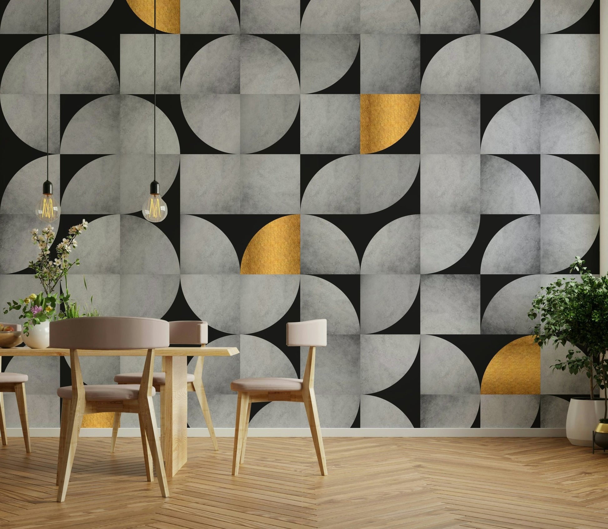 Elegant geometric mural in concrete and gold for chic spaces

