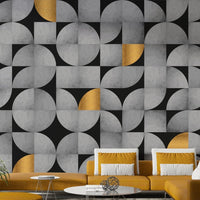 Modern mid-century wall mural with concrete and gold features

