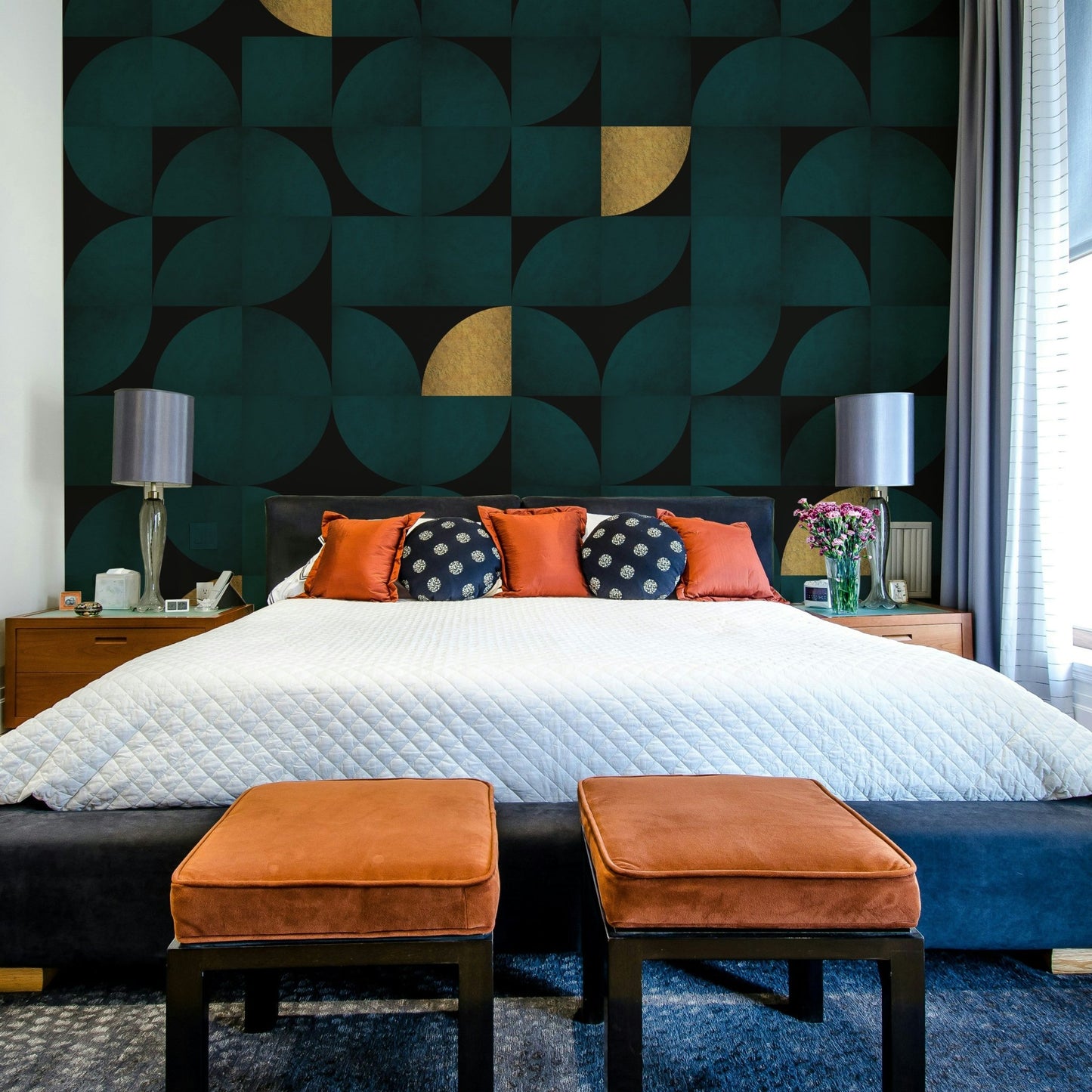 Luxurious teal and gold mural with retro aesthetics

