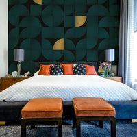 Luxurious teal and gold mural with retro aesthetics

