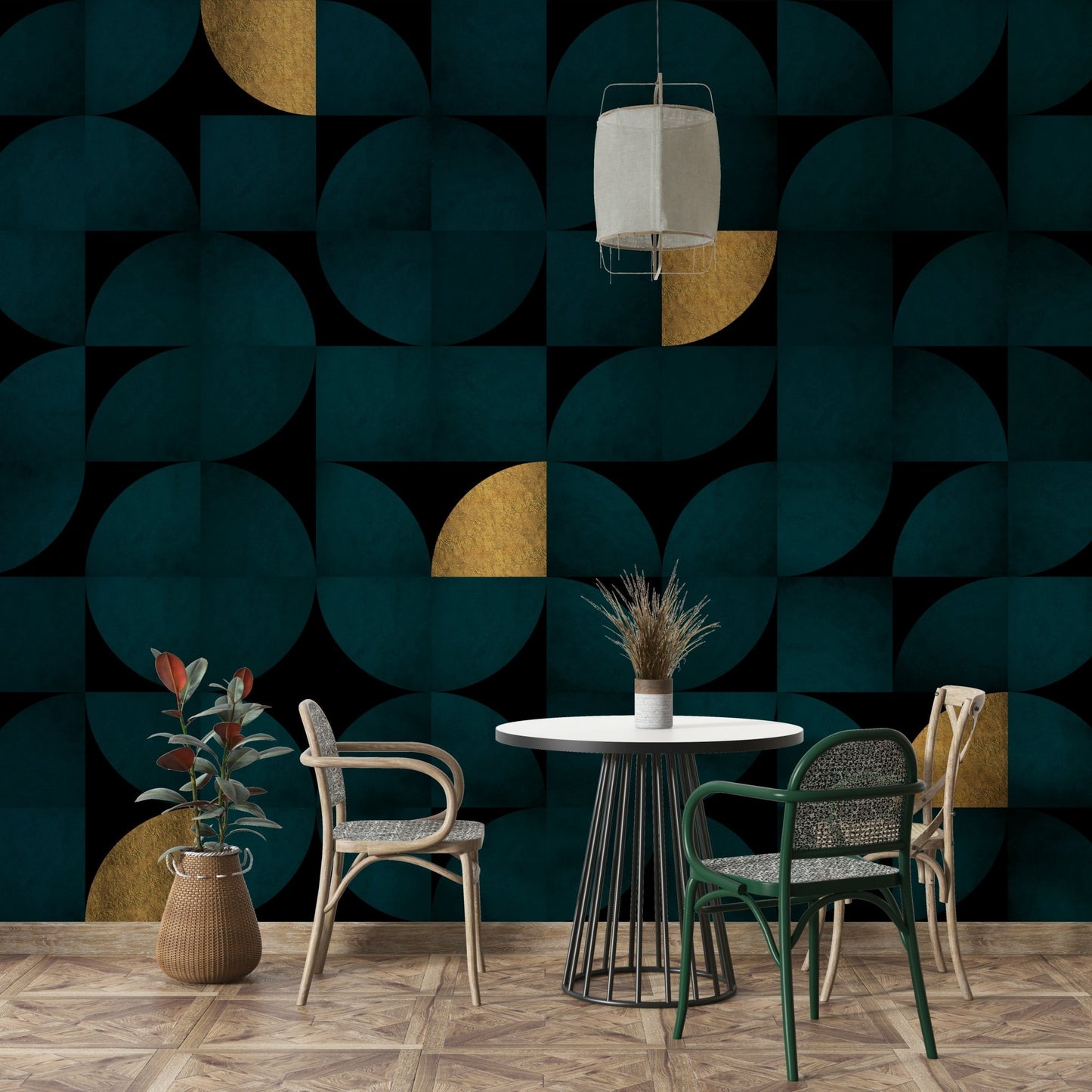 Mid-century wall mural with dark teal and gold design

