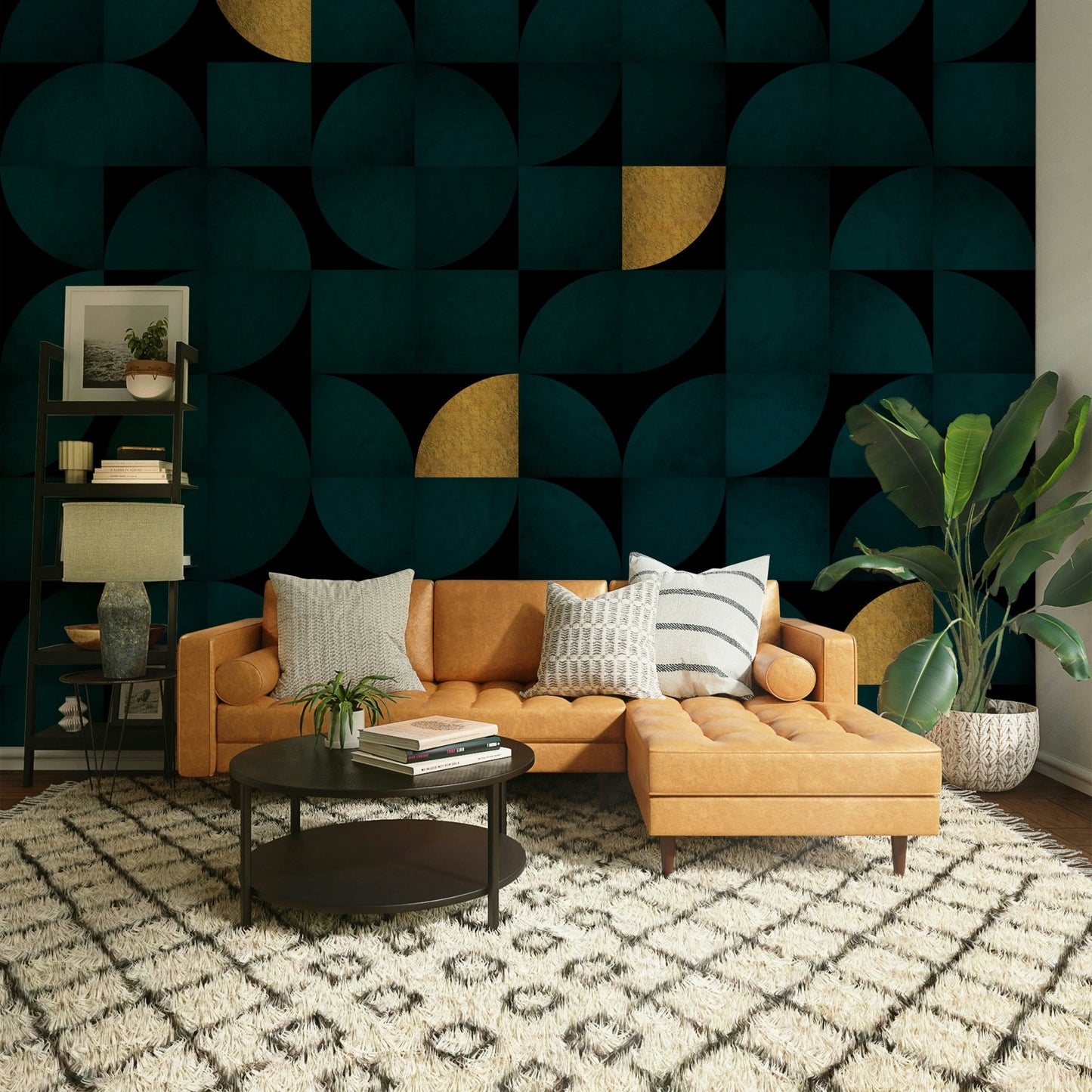 Dark teal and gold mural with vintage-modern charm

