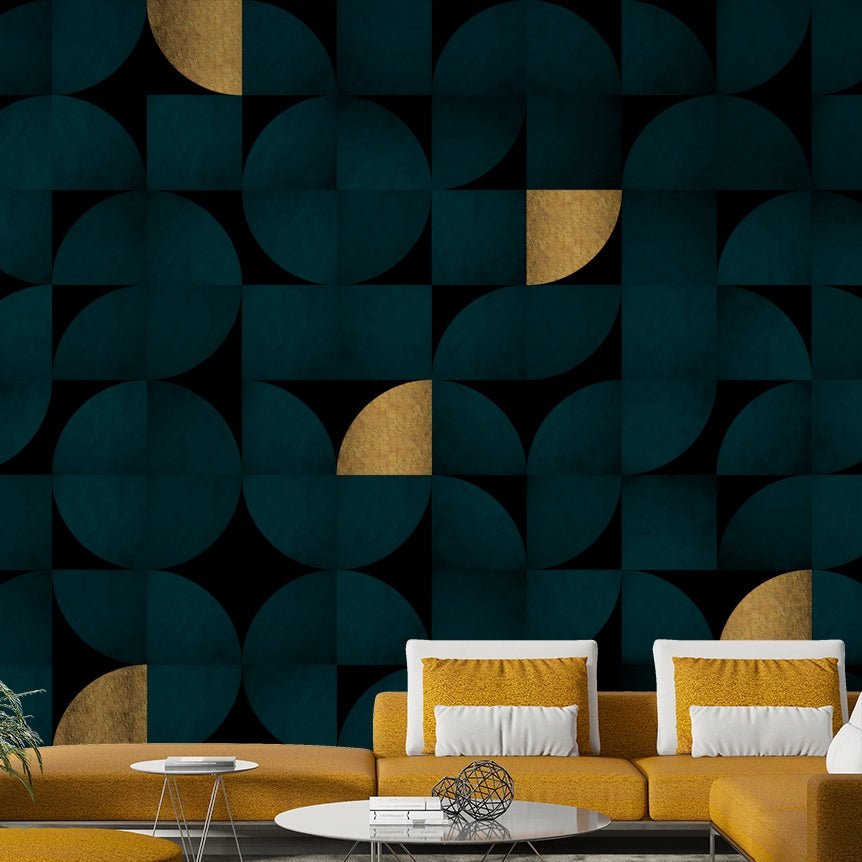 Elegant teal and gold geometric mural for interiors

