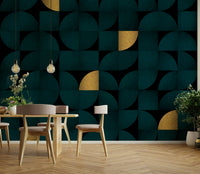 Mid-century modern wallpaper mural with metallic accents

