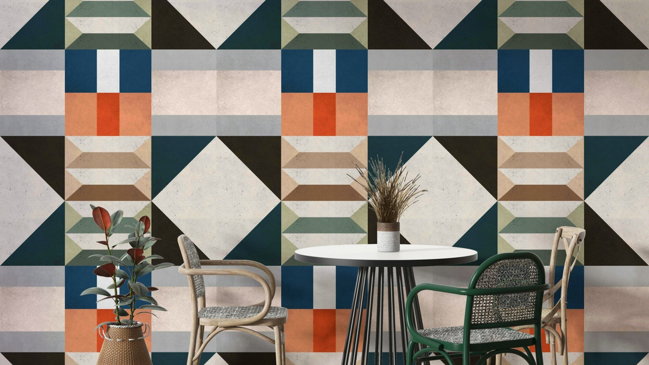 Mid-century mural wallpaper with green graphic design

