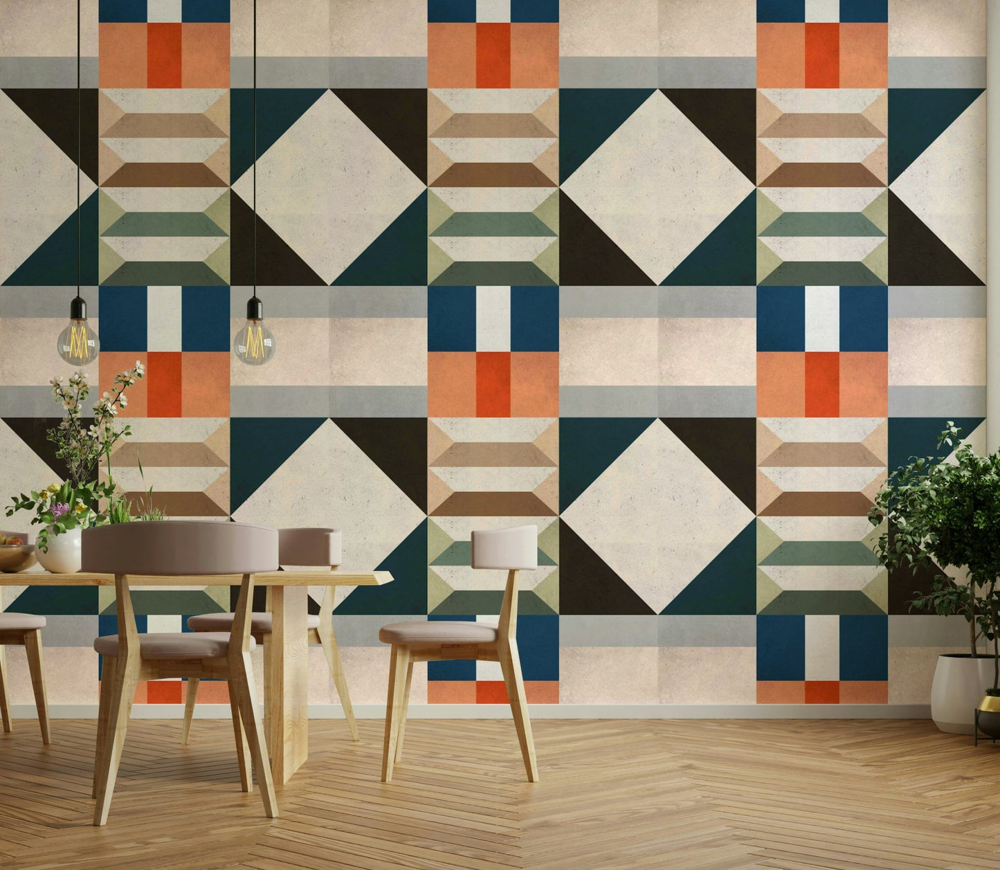 Mid-century green wall mural for cozy interiors

