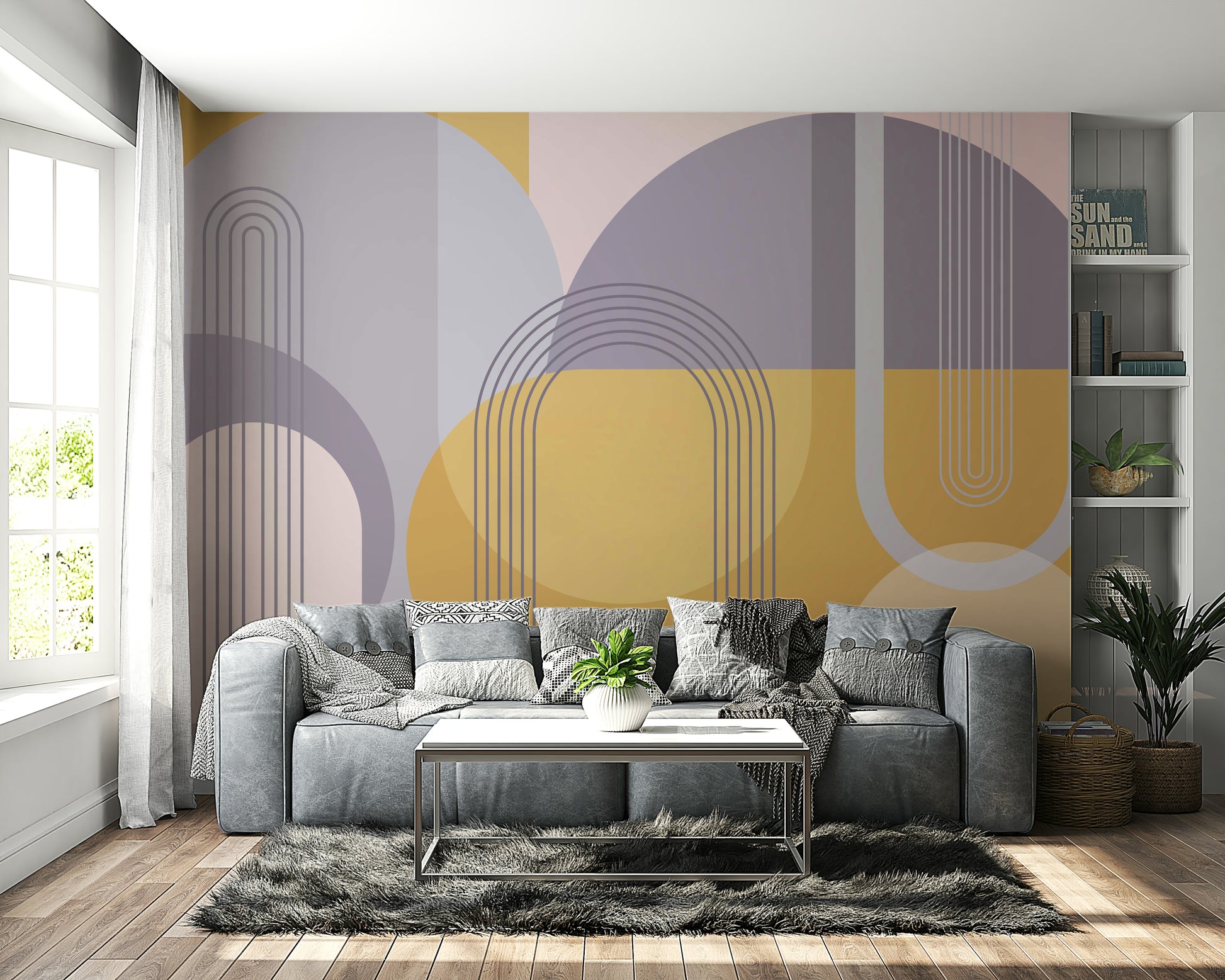 Mid-century modern abstract wall mural with clean lines and color.

