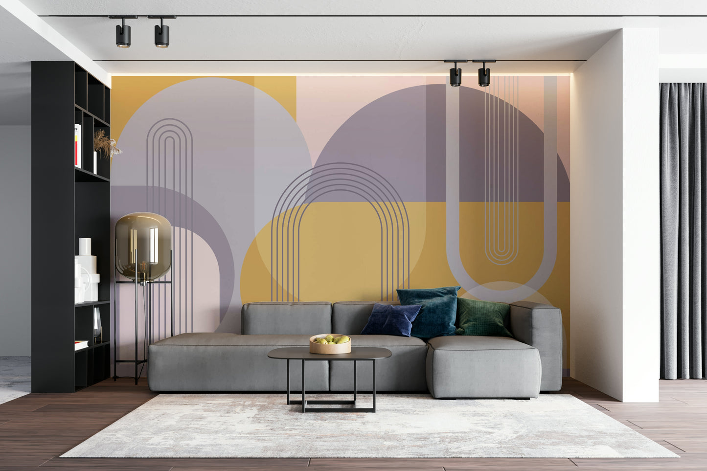 Bold geometric forms in a mid-century modern abstract wall mural.

