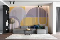 Bold geometric forms in a mid-century modern abstract wall mural.

