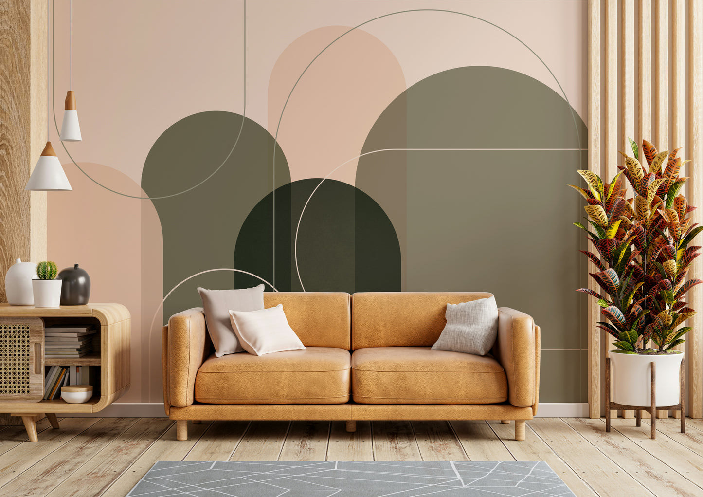 Mid-century modern wall mural with abstract shapes


