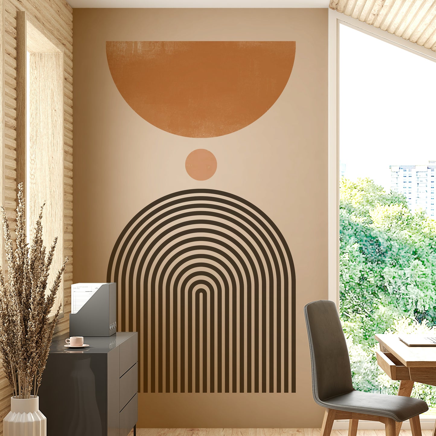 Elegant curved shapes in mid-century wall mural

