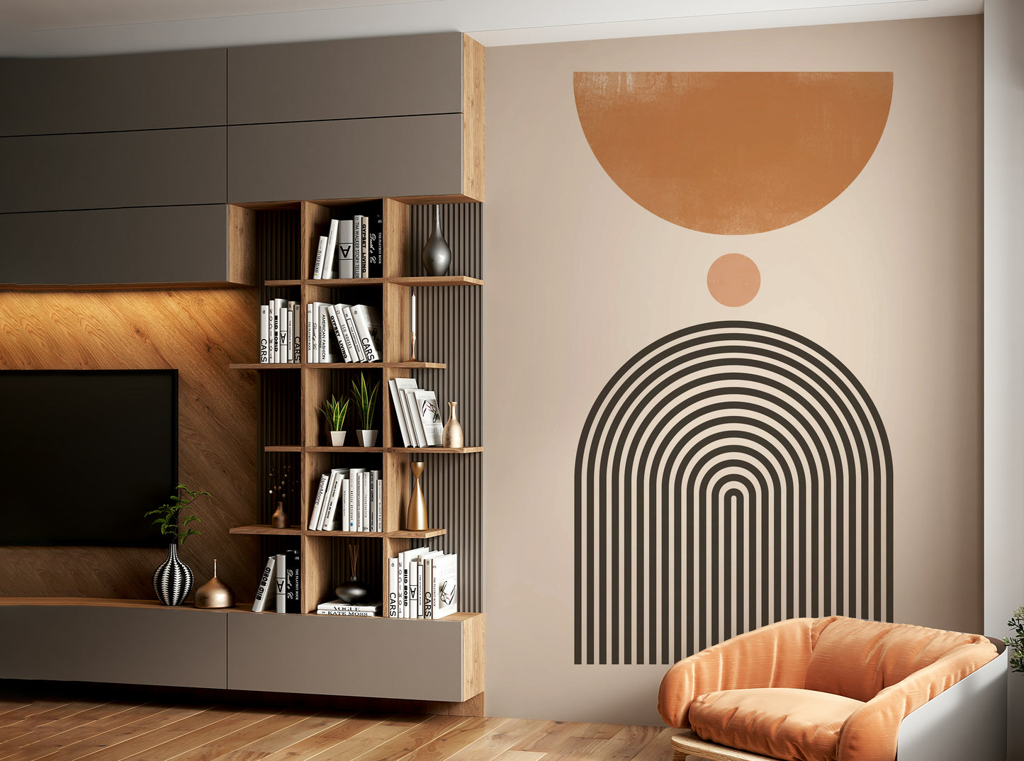 Mid-century modern arch mural in soft earth tones

