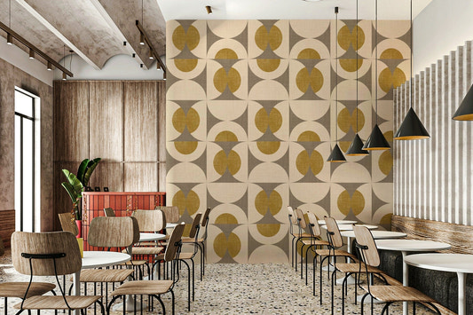 Stylish wallpaper with repeating mustard circular elements contrasted against gray and cream arches