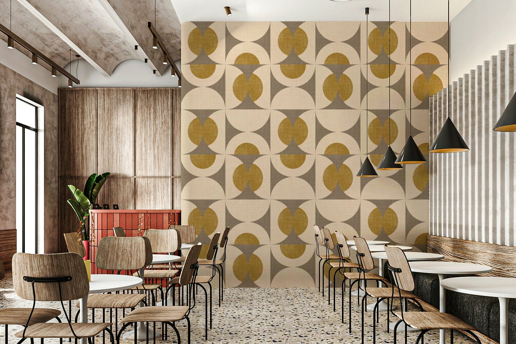 Stylish wallpaper with repeating mustard circular elements contrasted against gray and cream arches