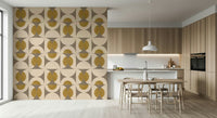Retro-inspired wallpaper with overlapping arcs and circular motifs in mustard, gray, and cream