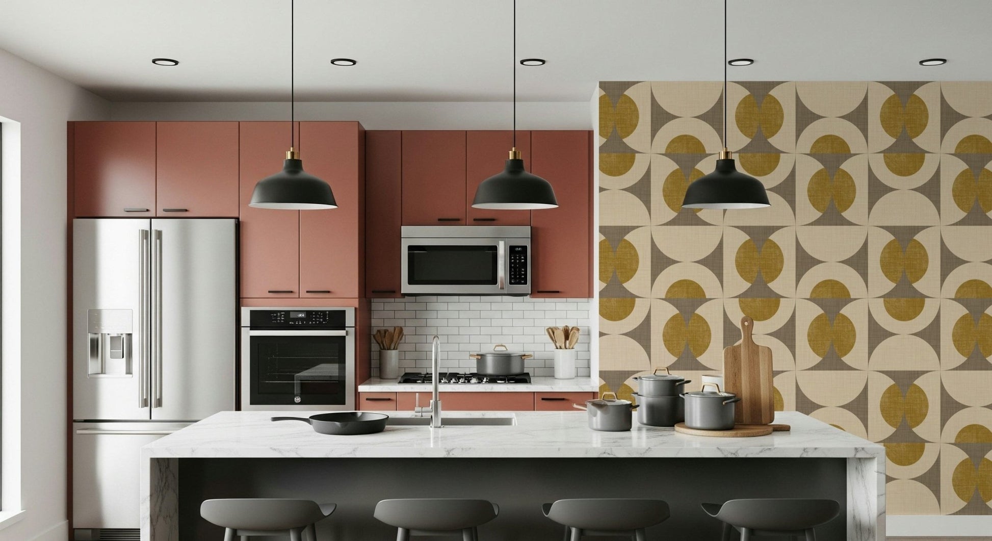Vintage-inspired arc pattern with bold geometric repetition in mustard and gray