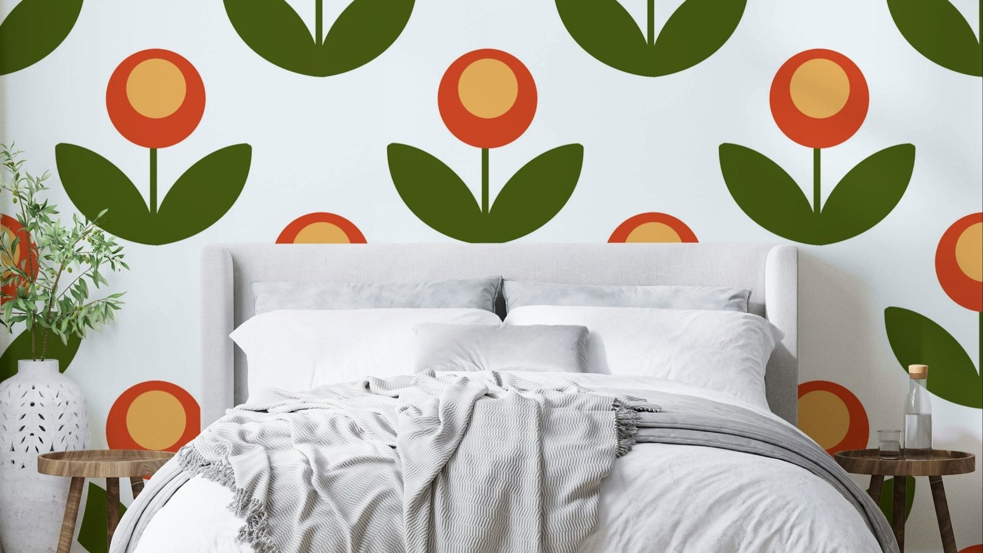 Mid-Century Modern Blooms wallpaper for a vintage look.

