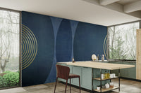Mid Century Modern Blue wallpaper mural in a kitchen with a sage green island and garden-view windows