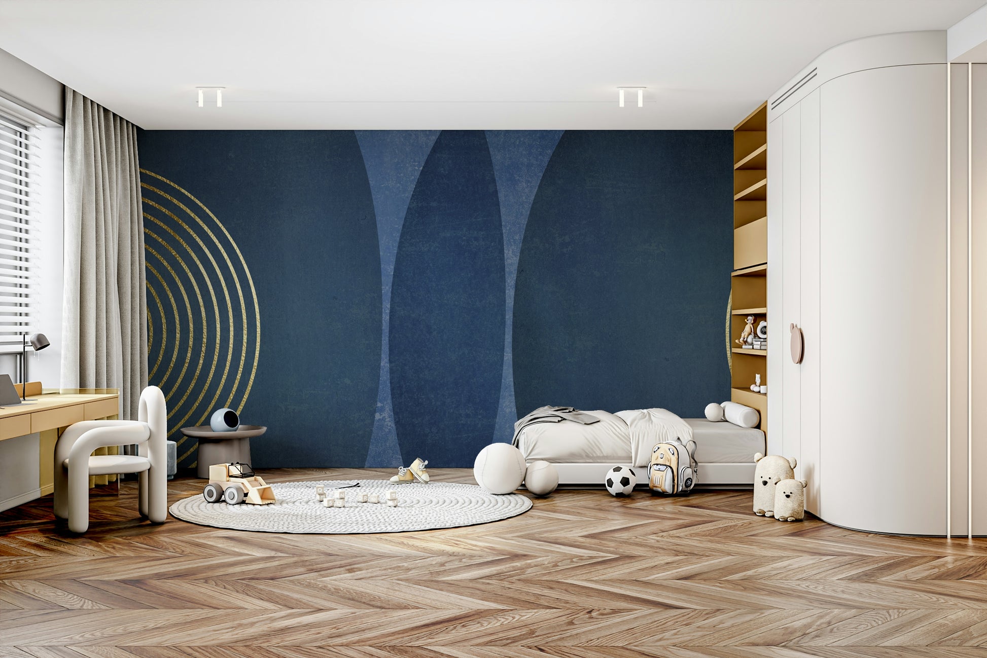 Mid Century Modern Blue wallpaper mural in a kids room with a low bed, toy car and brown teddy bear