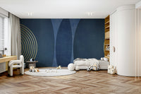 Mid Century Modern Blue wallpaper mural in a kids room with a low bed, toy car and brown teddy bear