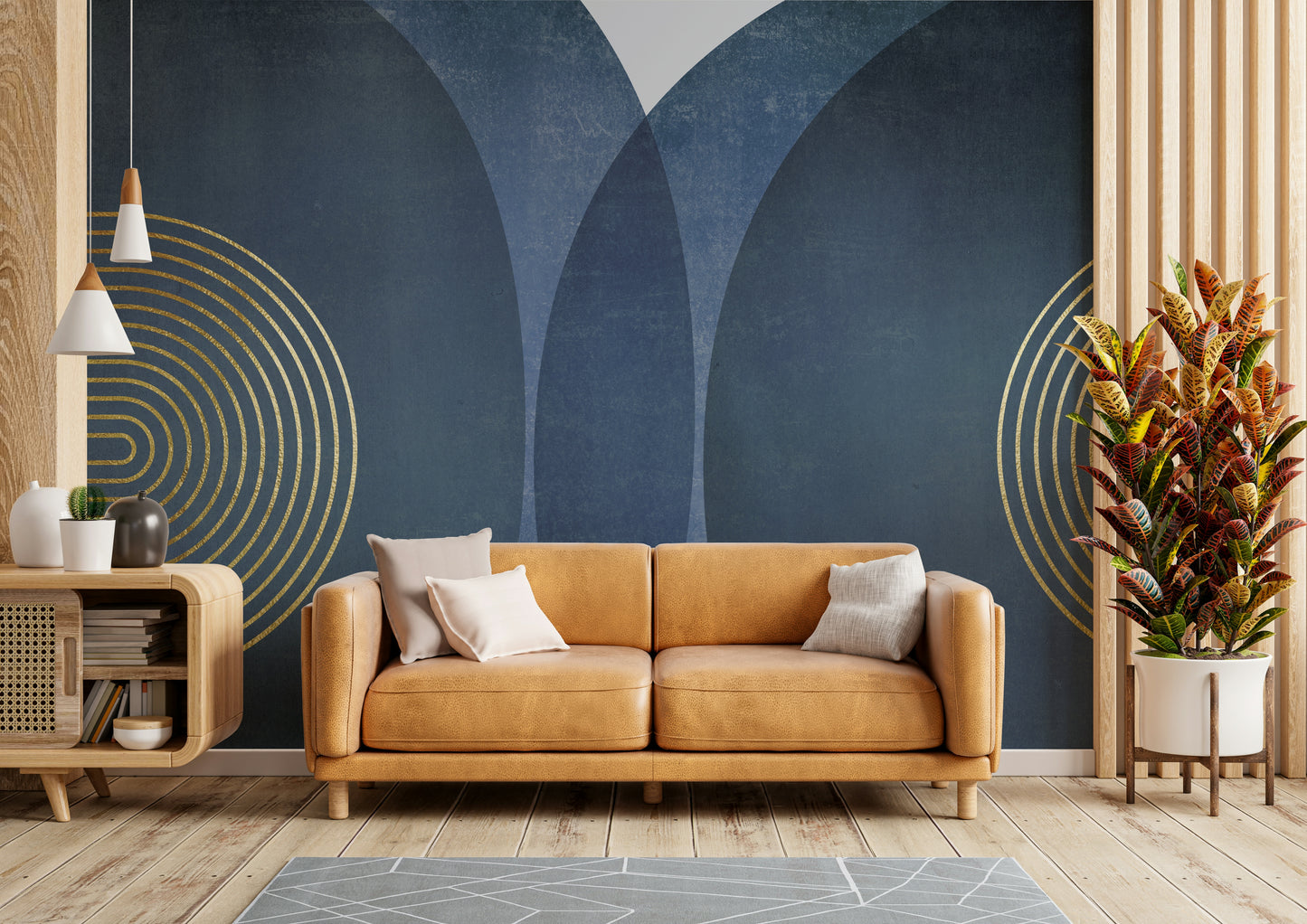 Mid Century Modern Blue wallpaper mural behind a tan leather sofa and wooden sideboard in a living room