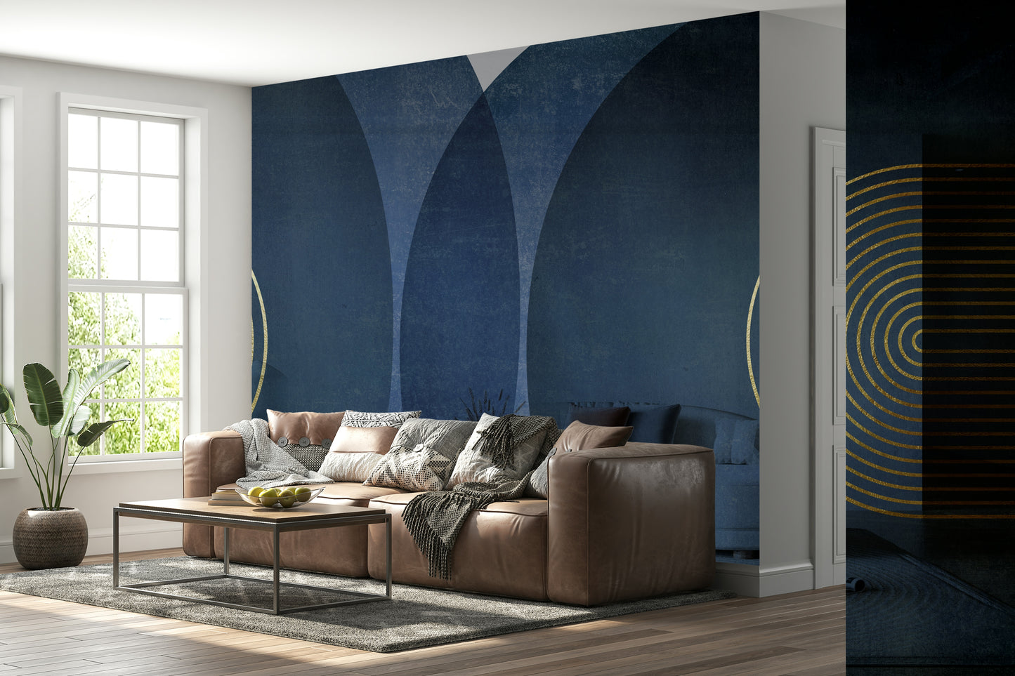 Mid Century Modern Blue wallpaper mural behind a brown leather sectional sofa in a bright living room