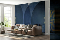 Mid Century Modern Blue wallpaper mural behind a brown leather sectional sofa in a bright living room