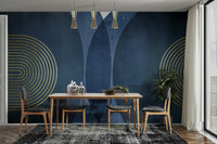 Mid Century Modern Blue wallpaper mural in a dining room with a wood table, grey chairs and gold pendants